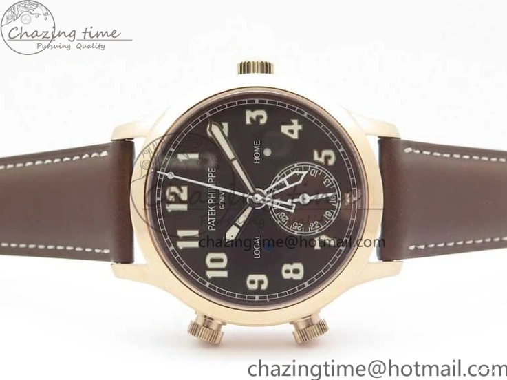MIROTIME 1219 Calatrava 5524R Pilot Travel Time RG GRF Brown Dial on Brown Leather Strap MIYOTA TopPick 7155